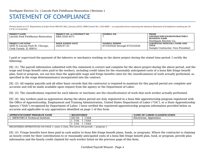 Sample Statement of Compliance page one