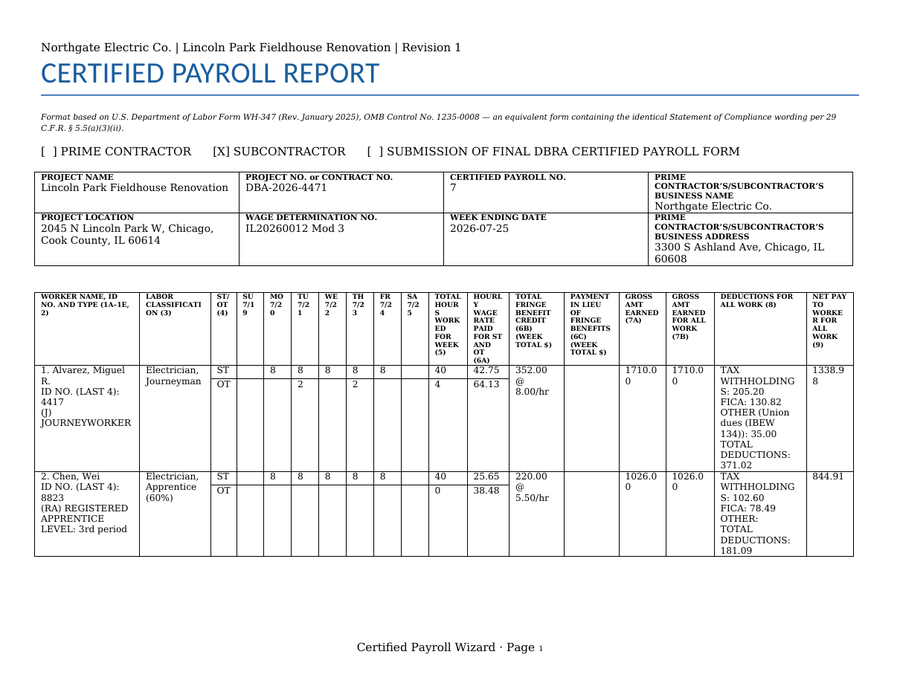 Sample certified payroll report page one